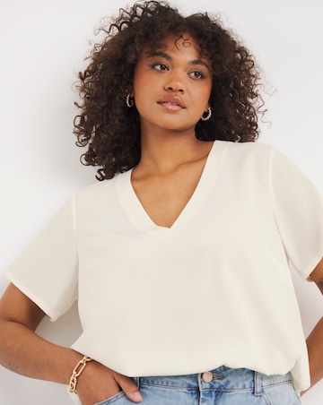Cream V Neck Short Sleeve Boxy Blouse