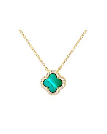 Sterling Silver Yellow Gold Plated Clover Malachite and CZ Necklace