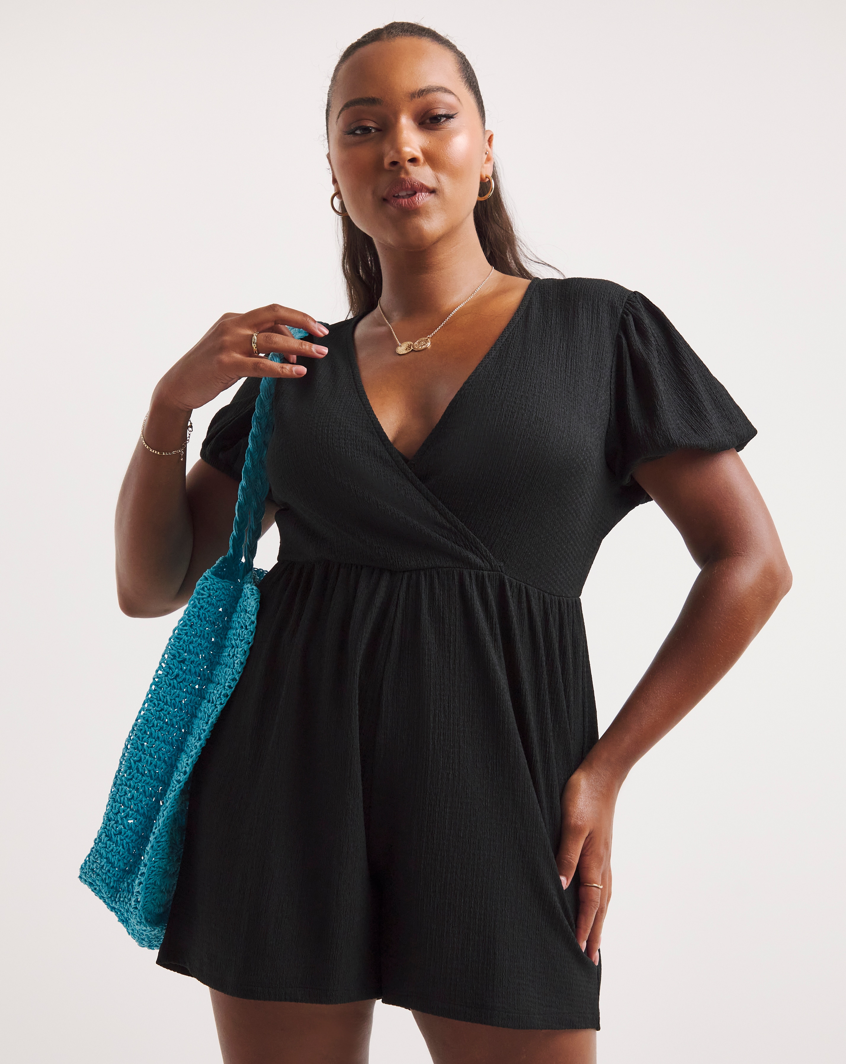 Simply Be - Women's Black Wrap Front Waffle Playsuit - Size 10 - Black - 99% Polyester 1% Elastane