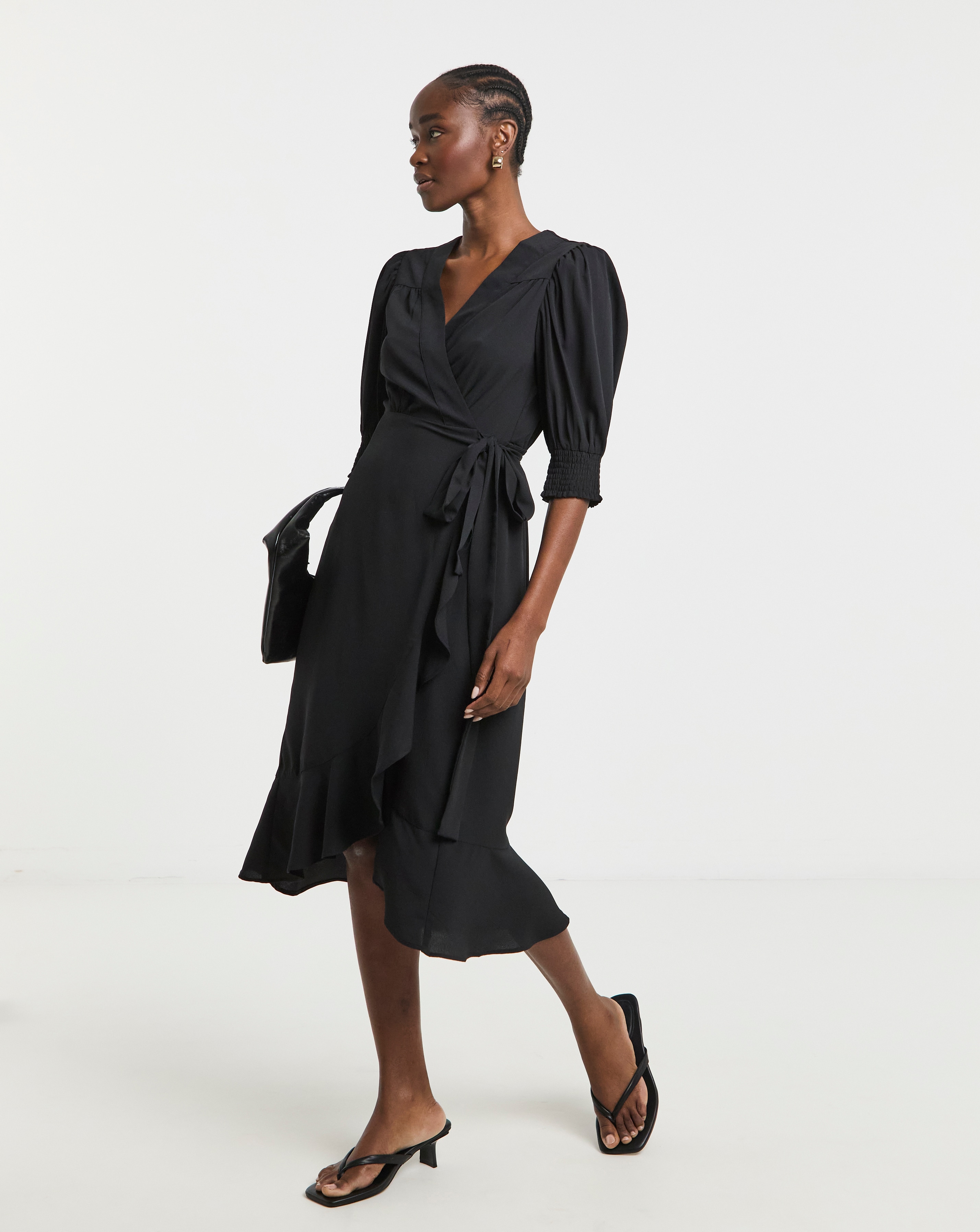 Simply Be - Women's Ruffle Front Wrap Midi Dress - Size 10 - Black
