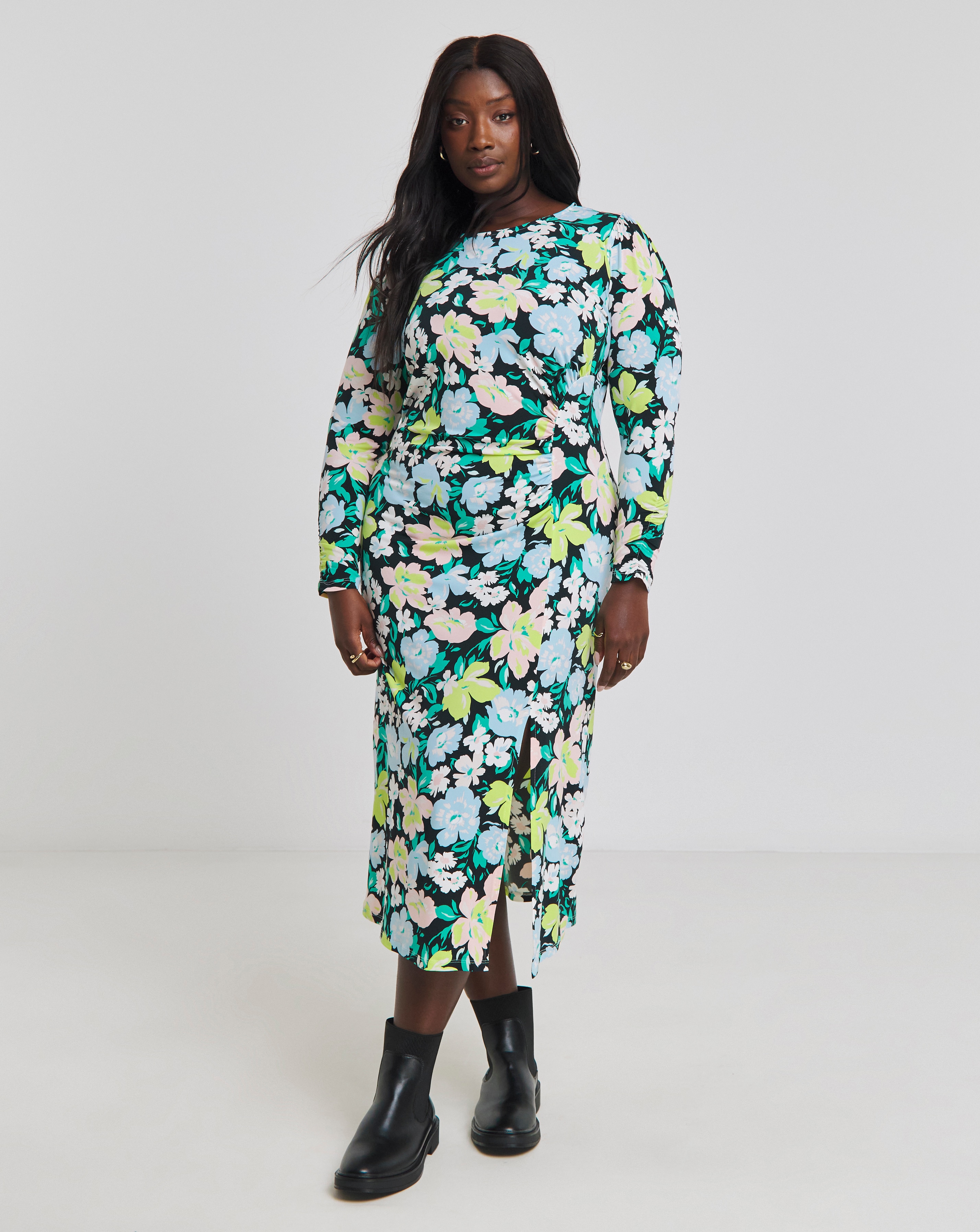 Simply Be - Women's Floral Print Ruched Front Midi Dress - Size 10 - Black print - 96% Polyester 4% Elastane