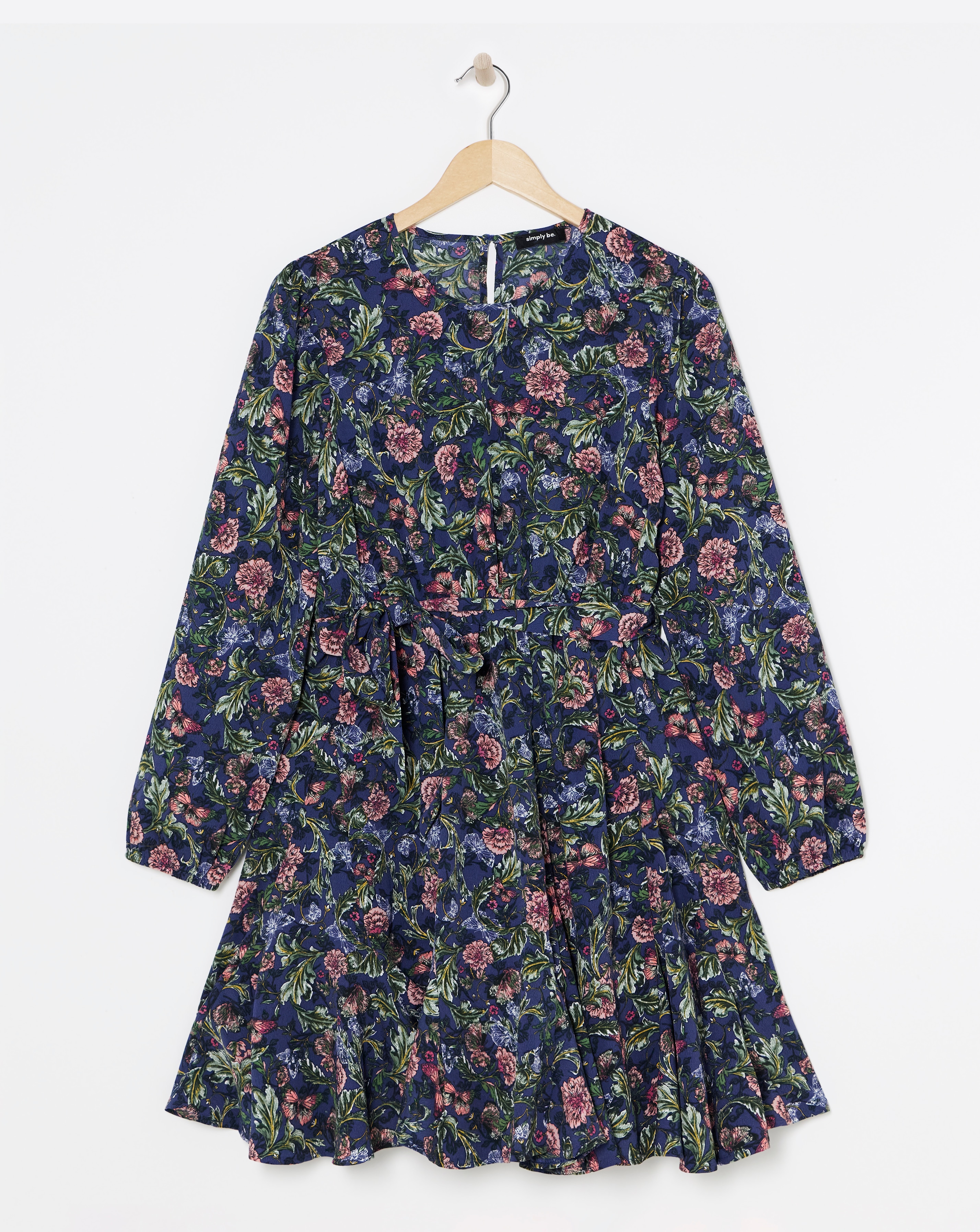 Simply Be - Women's Blue Floral Printed Belted Skater Dress - Size 10 - Grey floral