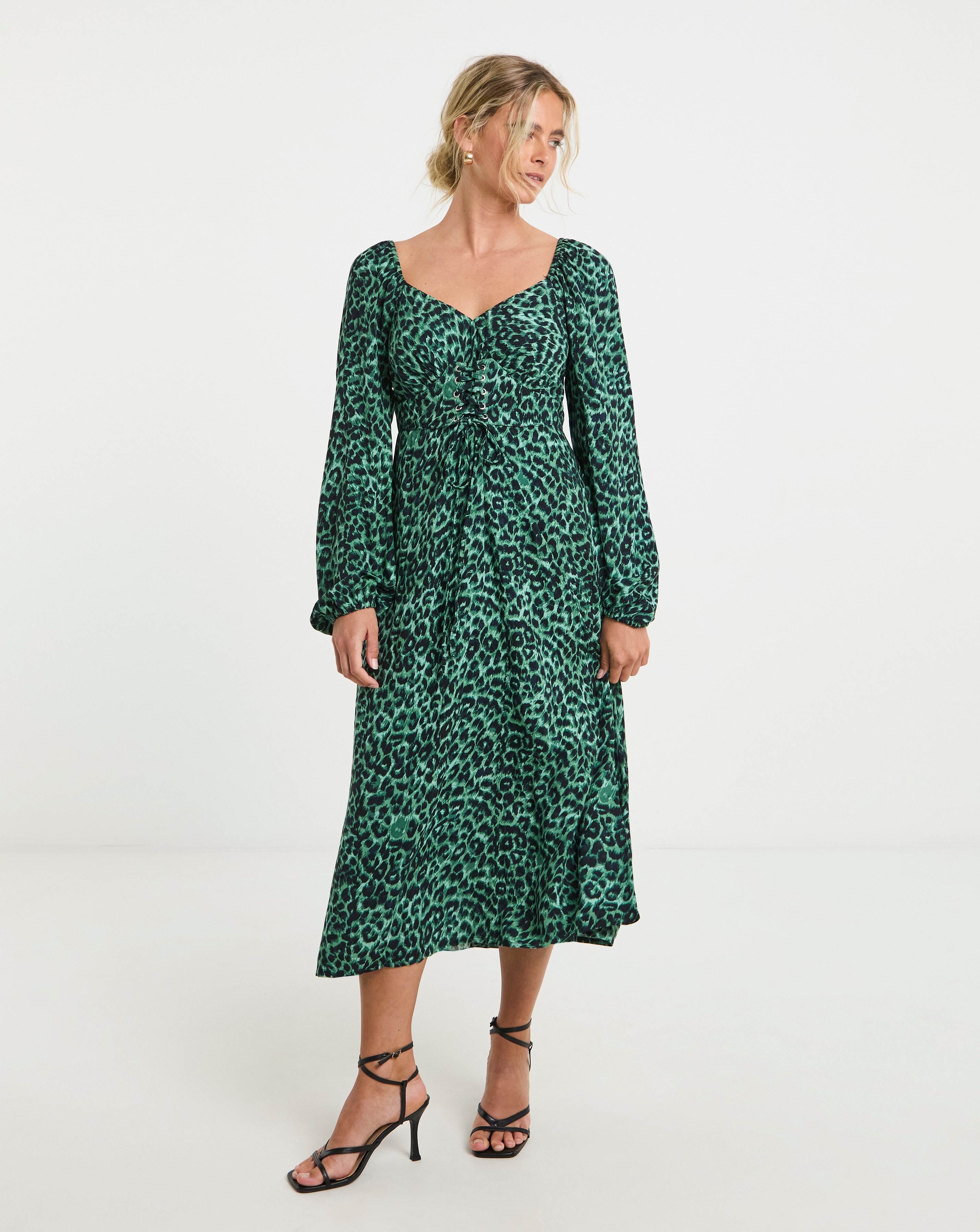 Simply Be - Women's Animal Print Corset Detail Midi Dress - Size 10 - Green animal - 100% Viscose
