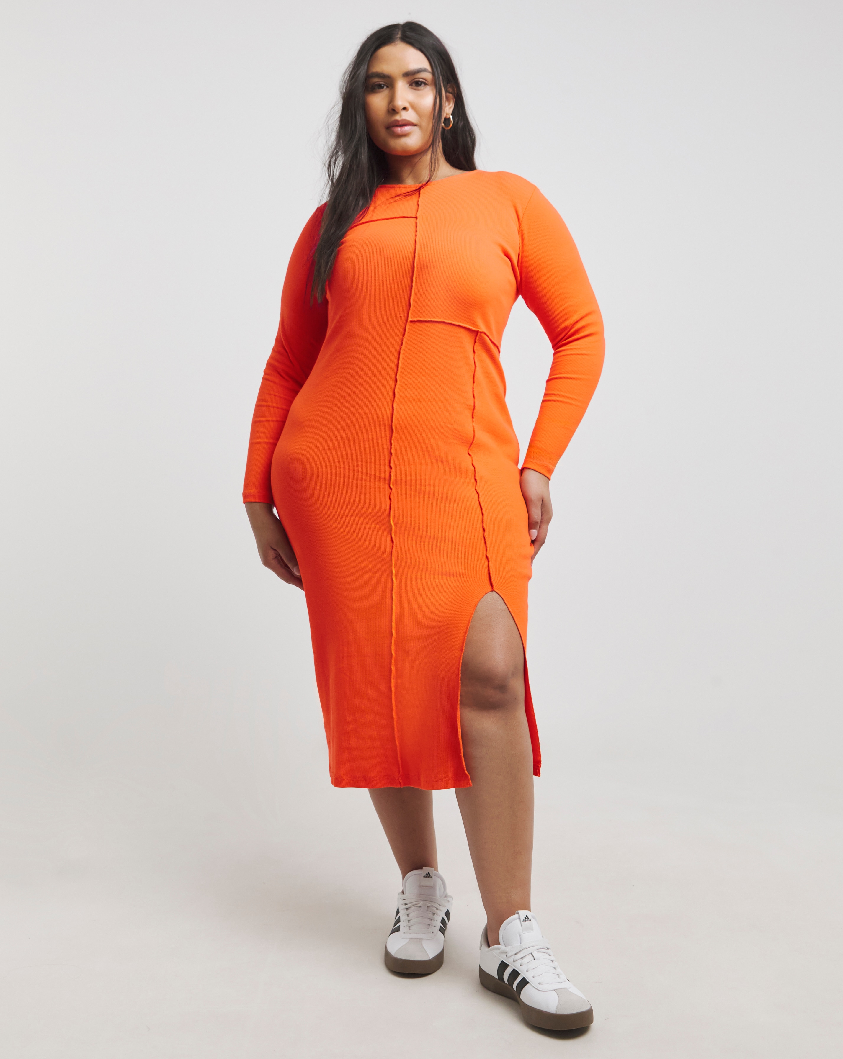 Simply Be - Women's Contrast Stitch Midi Dress - Size 20 - Orange - 97% Cotton 3% Elastane
