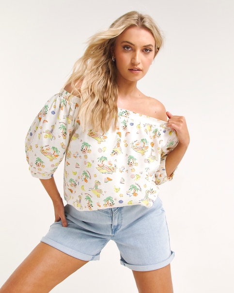 Holiday Print Puff Sleeve Bardot Top