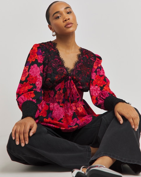 Lace Detail Shirred Waist Blouse