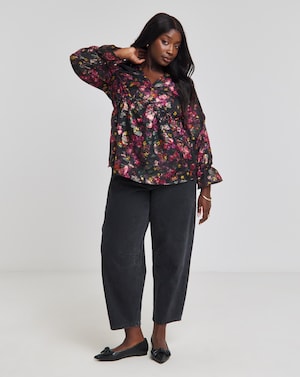Foil Black Floral Print V Neck Blouse - Image 2