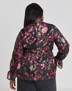 Foil Black Floral Print V Neck Blouse - Image 3
