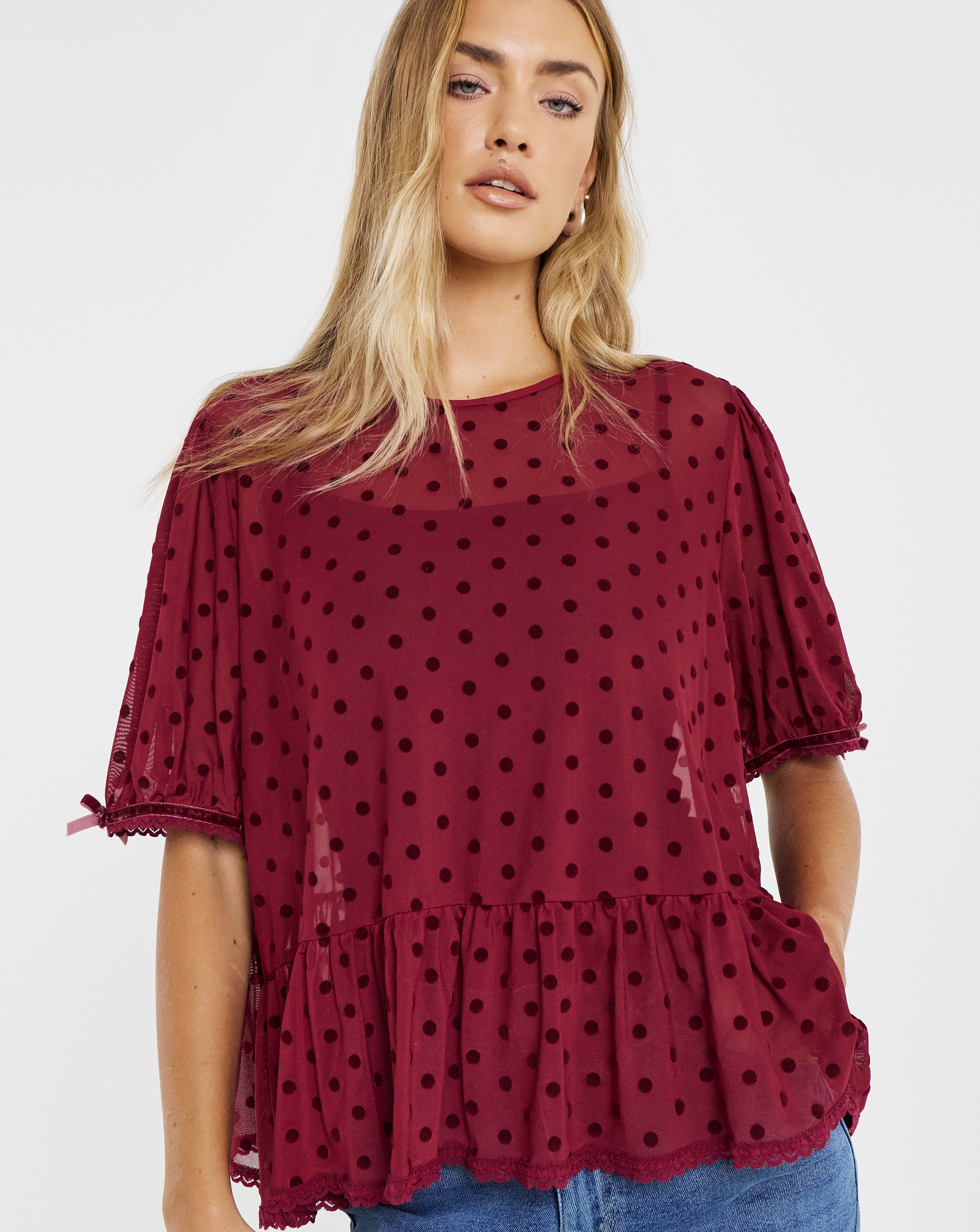 Lace Mesh Puff Sleeve Top