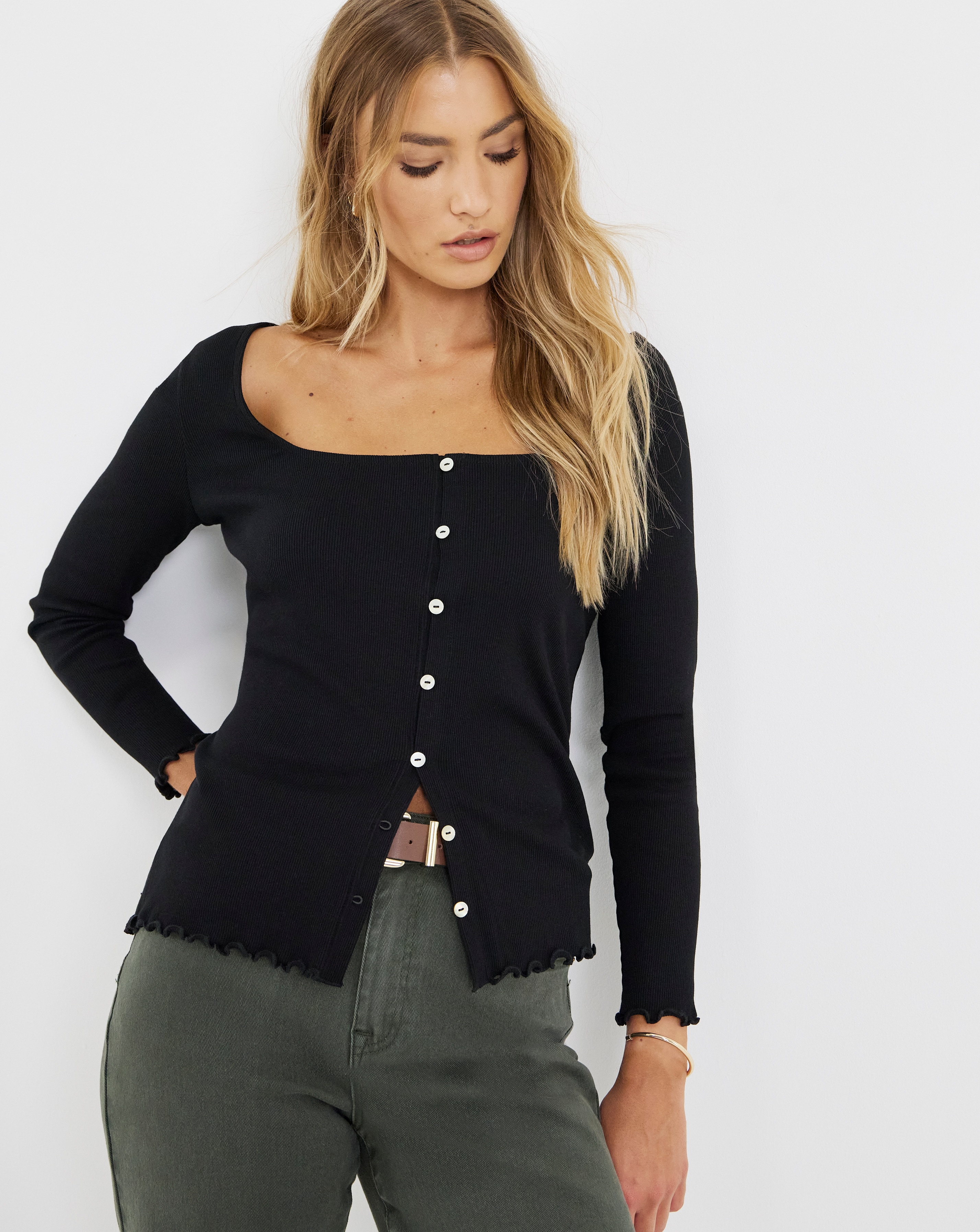 Long Sleeve Button Through Ribbed Cardi