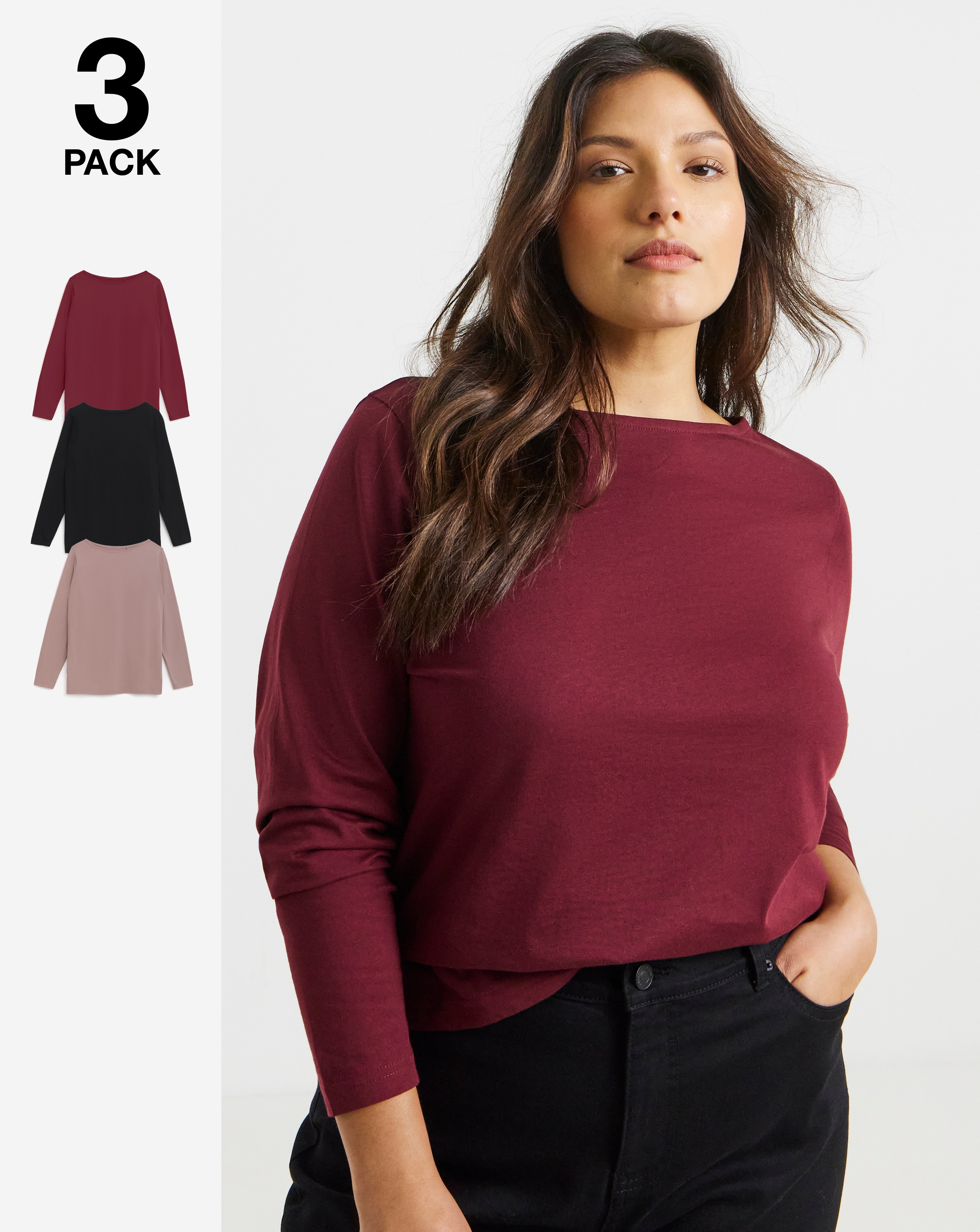New In - 3 Pack Long Sleeve Slash Neck Tops