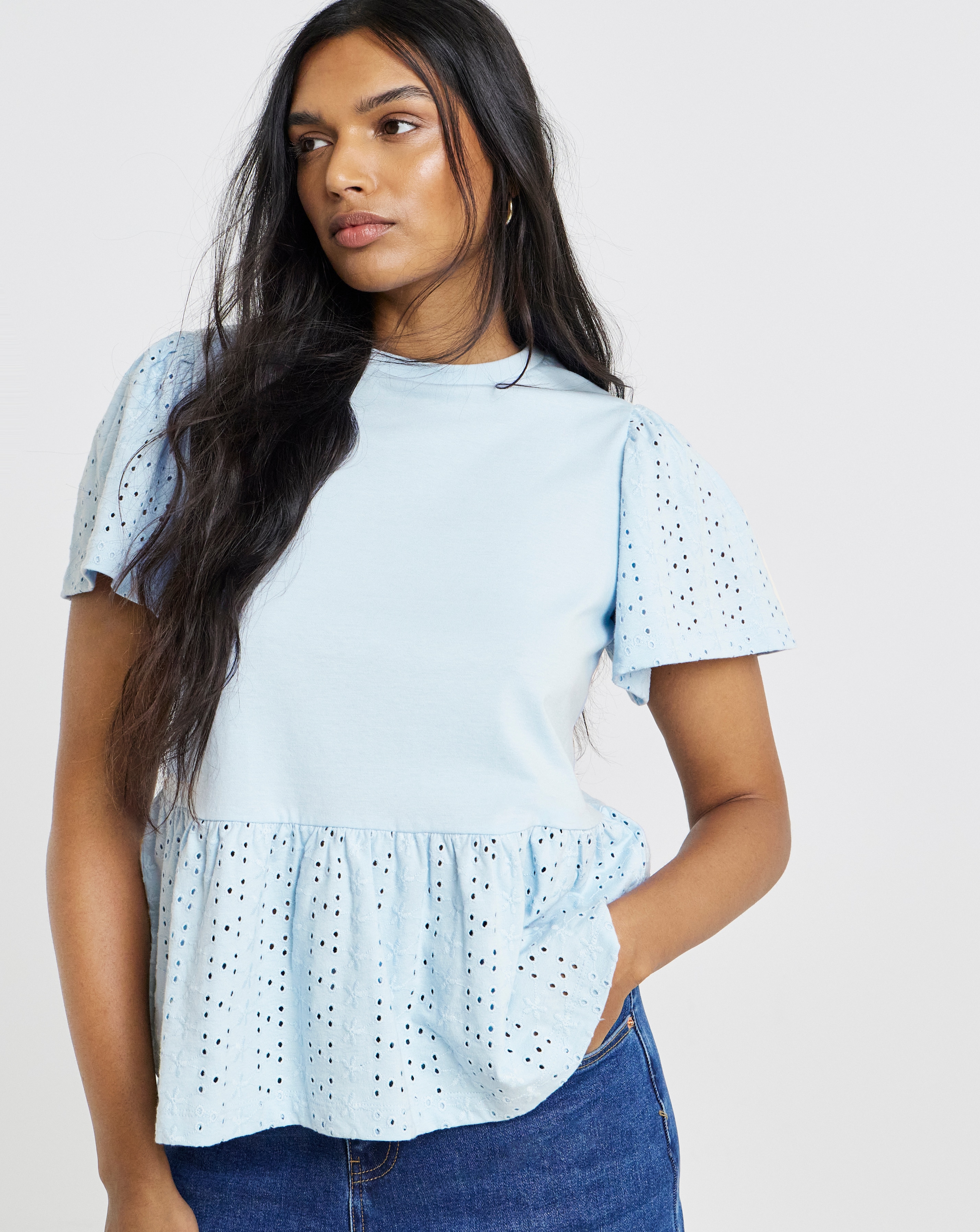 New In - Crew Neck Peplum Broderie Top