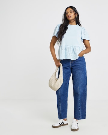 Blue Crew Neck Peplum Stretch Broderie Top