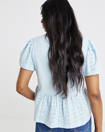 Blue Crew Neck Peplum Stretch Broderie Top