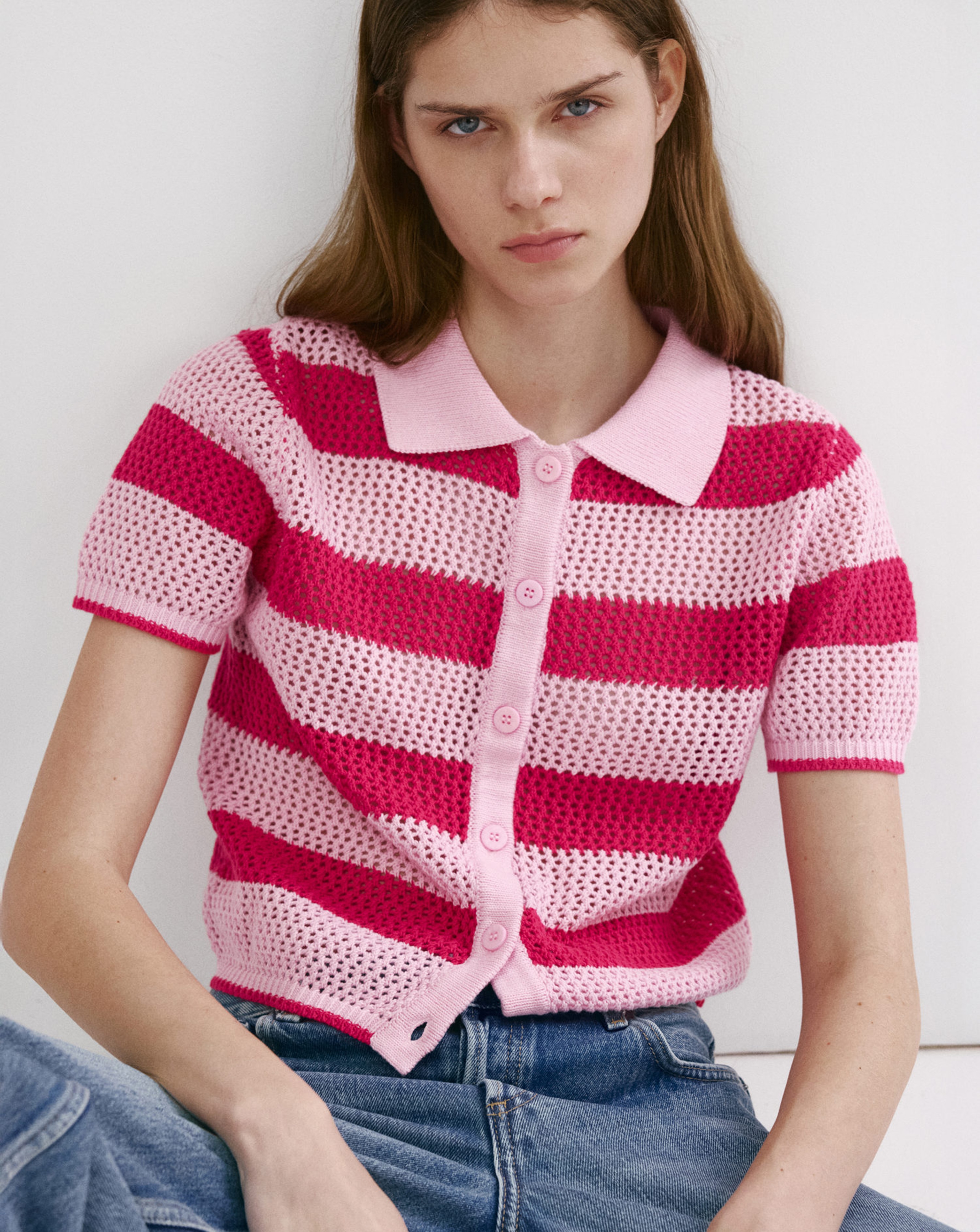 Mango Striped Openwork Knitted Cardigan