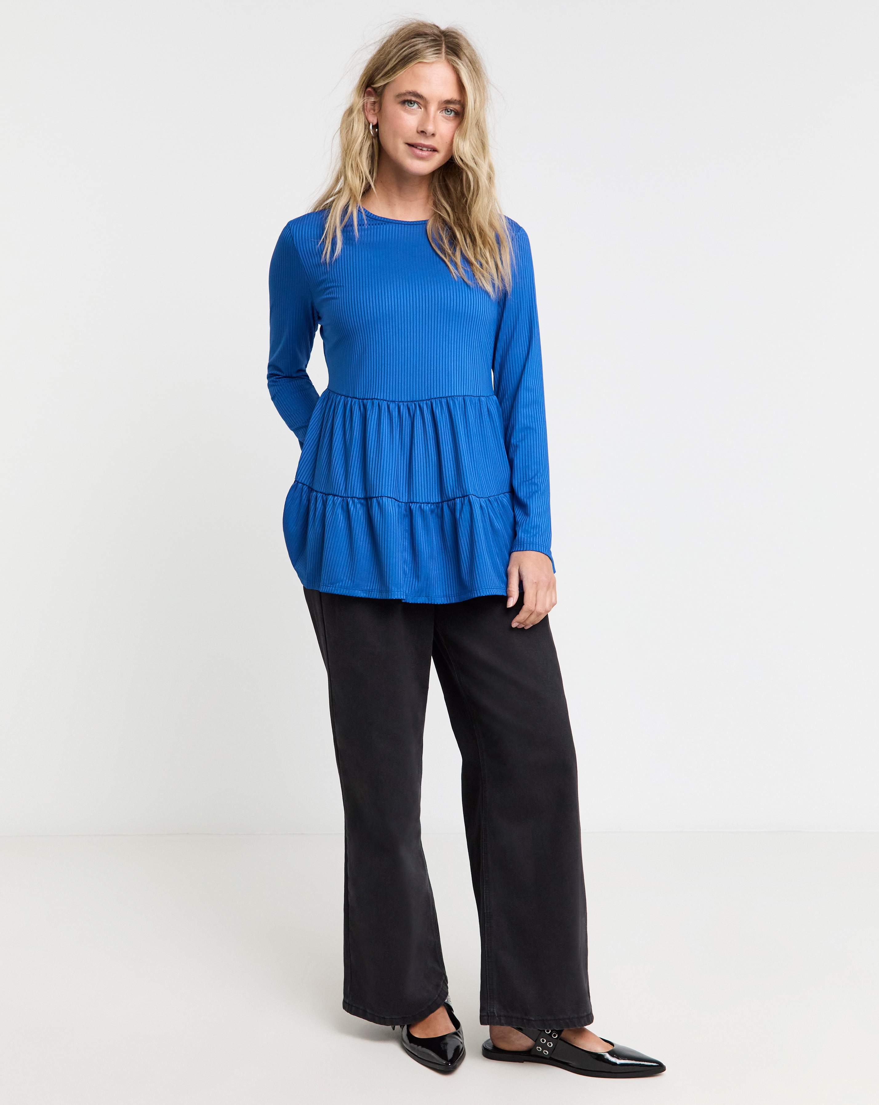Long Sleeve Ribbed Smock Top