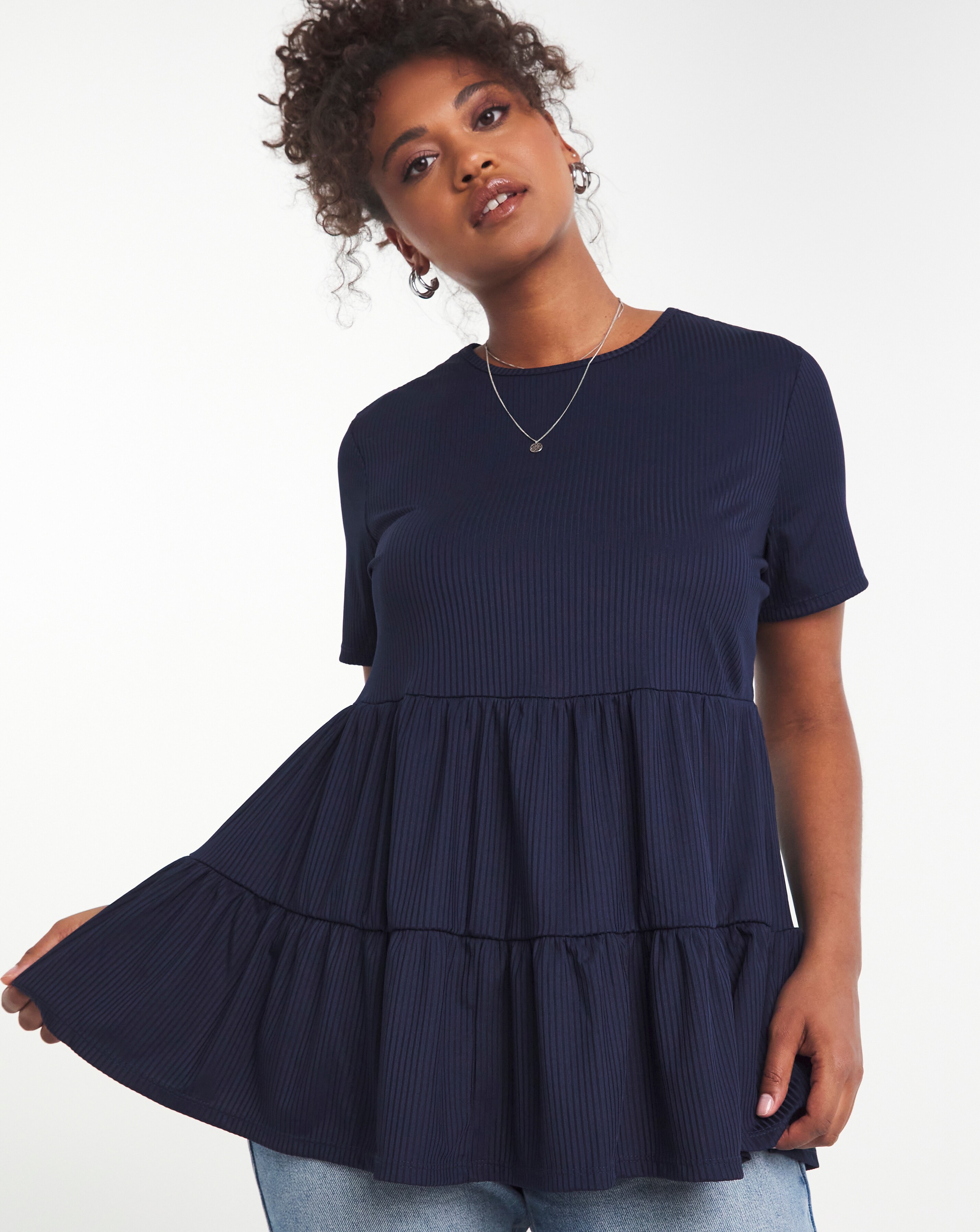 Navy Rib Smock Top | Simply Be