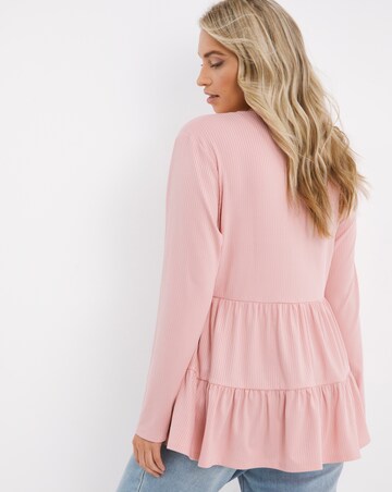 Powder Pink Long Sleeve Ribbed Tiered Smock Top | Simply Be