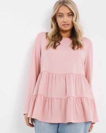 Powder Pink Long Sleeve Ribbed Tiered Smock Top | Simply Be