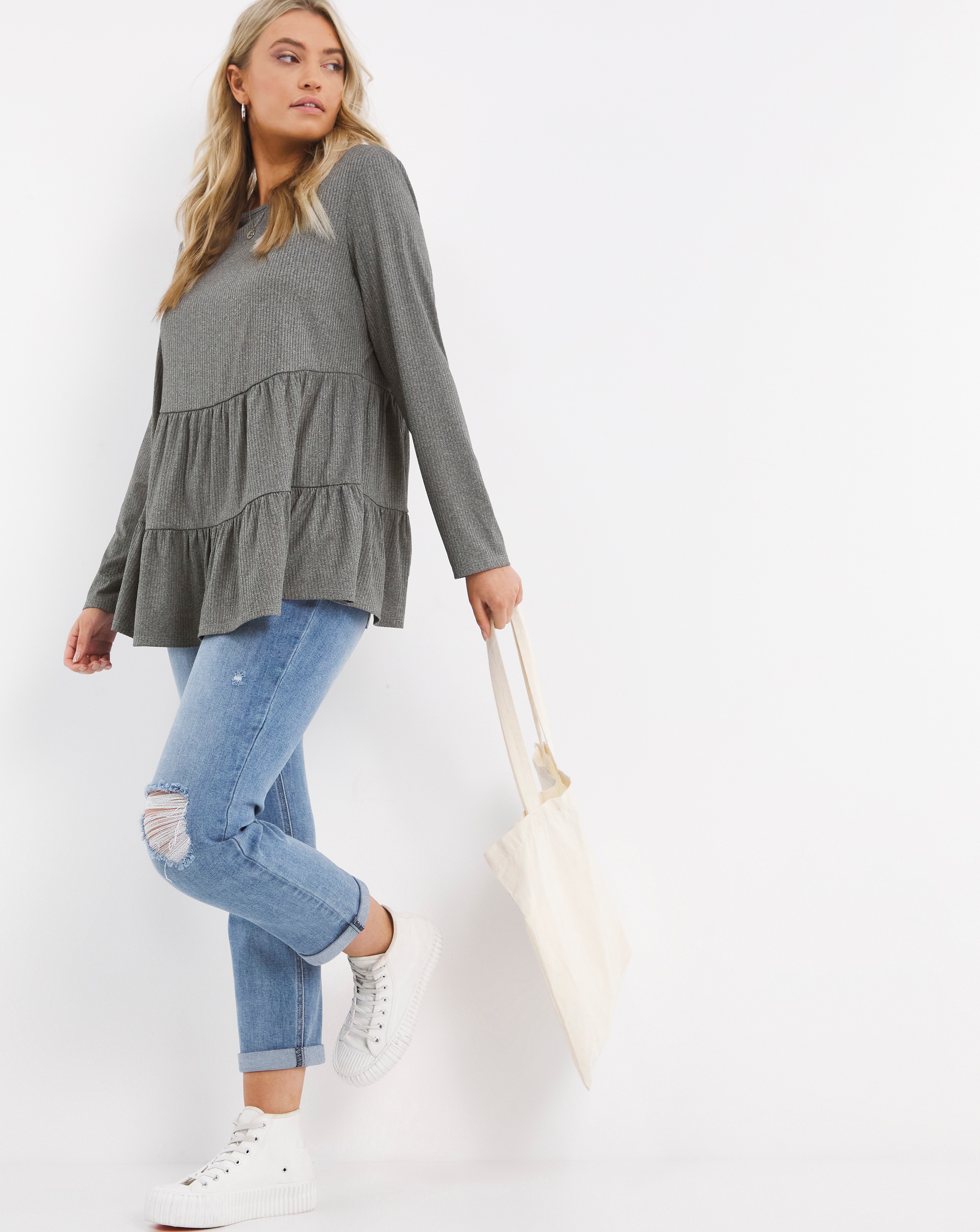 Long Sleeve Ribbed Tiered Smock Top