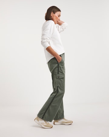 Khaki Stretch Washed Cargo Detail Straight Leg Trousers