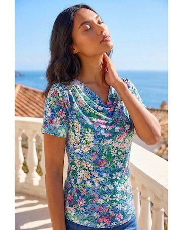 Roman Floral Print Cowl Neck Stretch Top