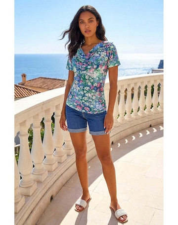 Roman Floral Print Cowl Neck Stretch Top