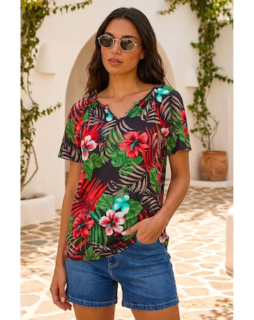 Roman Textured Floral Print V-Neck Top
