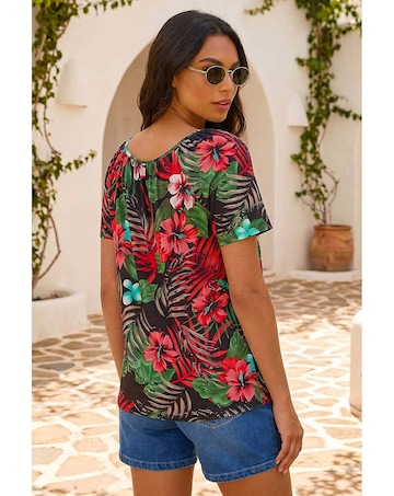 Roman Textured Floral Print V-Neck Top