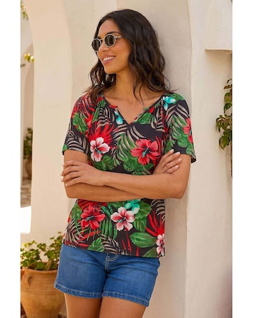 Roman Textured Floral Print V-Neck Top