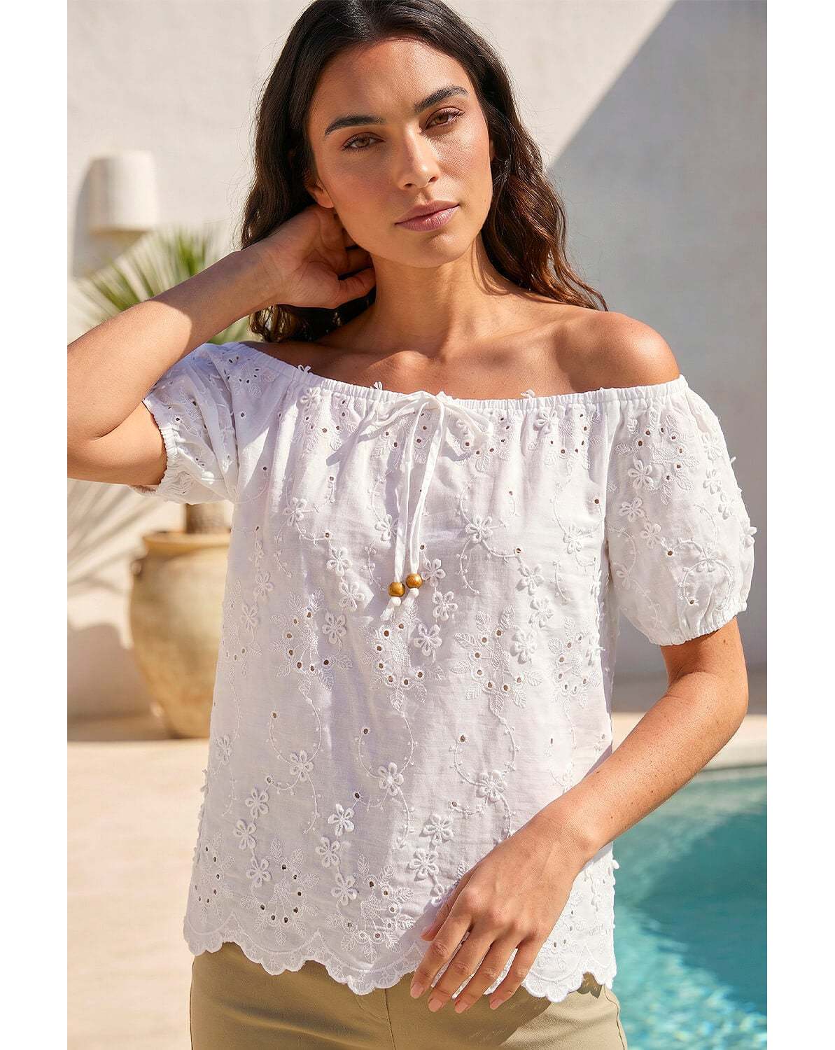 Roman Floral Embroidered Bardot Top