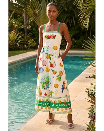 Roman Fruit Print Strappy Midi Dress