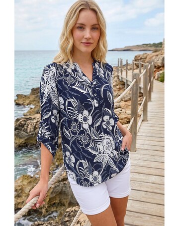 Roman Floral Print V-Neck Stretch Shirt
