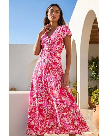Roman Floral Ruched Waist Midi Dress