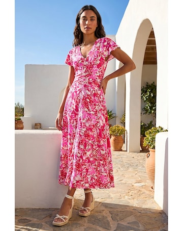 Roman Floral Ruched Waist Midi Dress