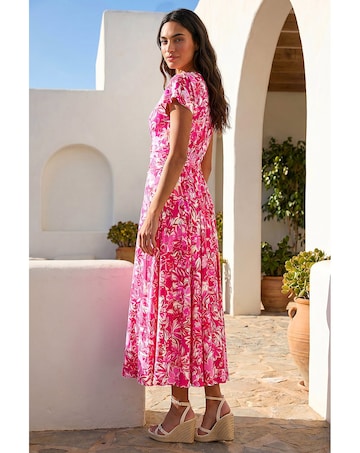 Roman Floral Ruched Waist Midi Dress