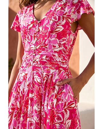 Roman Floral Ruched Waist Midi Dress