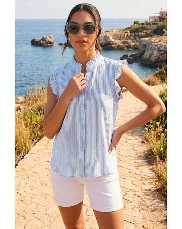 Roman Stripe Print Frill Sleeve Blouse