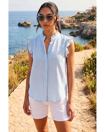 Roman Stripe Print Frill Sleeve Blouse
