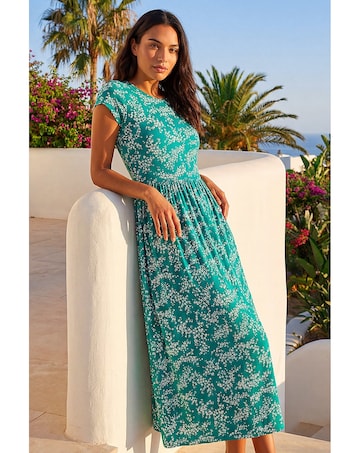 Roman Ditsy Gathered Stretch Midi Dress