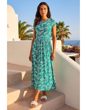 Roman Ditsy Gathered Stretch Midi Dress