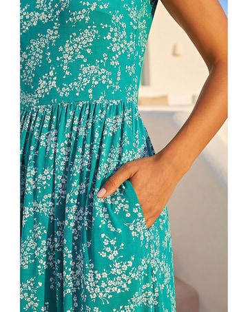Roman Ditsy Gathered Stretch Midi Dress