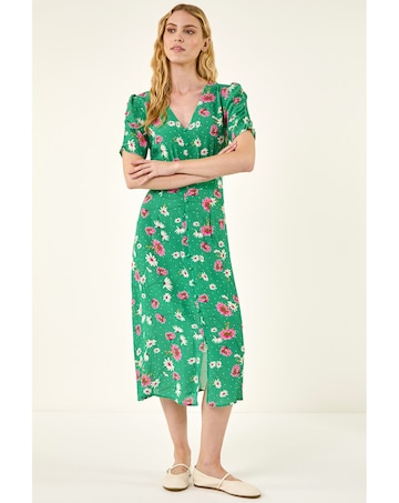 Roman Floral Ruched Sleeve Dress