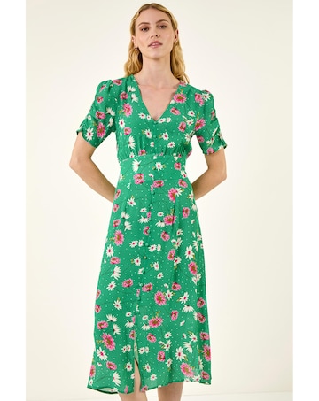 Roman Floral Ruched Sleeve Dress