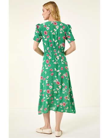 Roman Floral Ruched Sleeve Dress