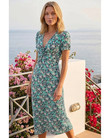Roman Floral Twist Stretch Midi Dress