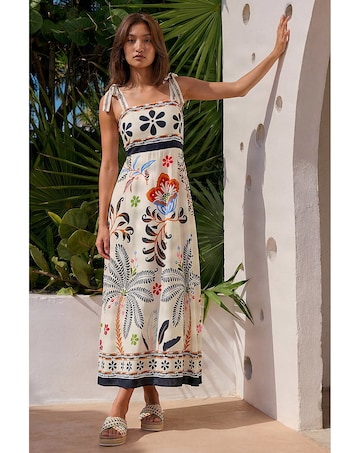 Roman Floral Palm Strappy Midi Dress