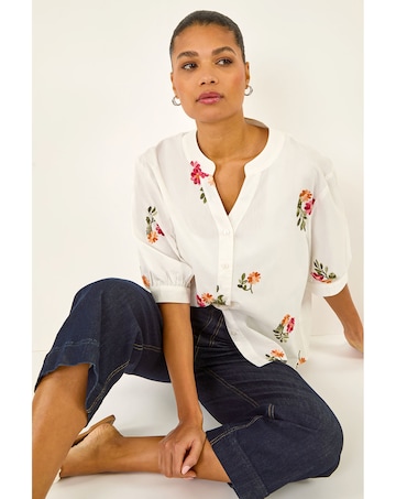 Roman Floral Embroidered V-Neck Blouse