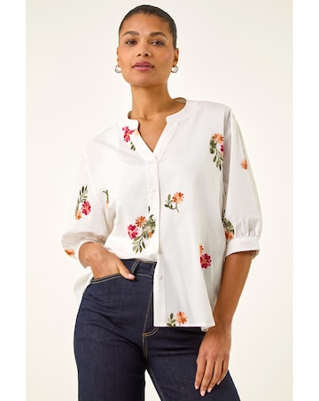Roman Floral Embroidered V-Neck Blouse