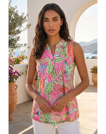 Roman Tropical Leaf Print Pintuck Top